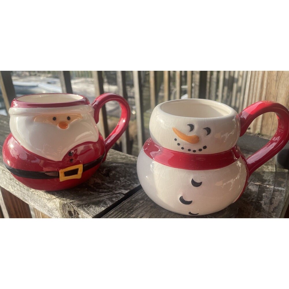 Christmas Set of 2 Snowman & Santa Claus Coffee Tea Drinking Mugs